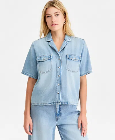 On 34th Women's Soft Denim Button-front Short-sleeve Shirt, Macy's Exclusive In Blue