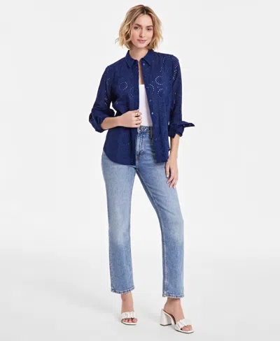 On 34th Women's Solid Eyelet Button-up Shirt, Created For Macy's In Blazing Na