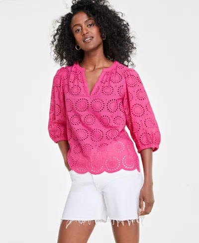 On 34th Women's Solid Eyelet Puff-sleeve Blouse, Created For Macy's In Fuchsia Purple