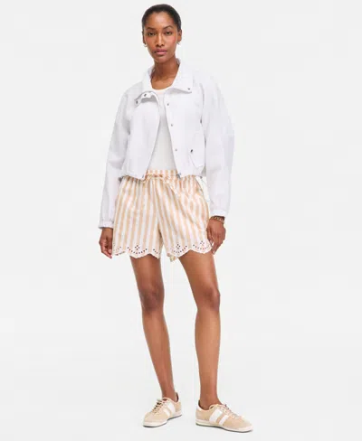 On 34th Women's Stripe Mid-rise Embroidered Eyelet Linen Blend Pull On Shorts, Macy's Exclusive In Multi