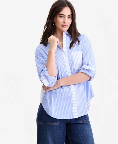 On 34th Women's Stripe Poplin Oversized Button Down Shirt , Macy's Exclusive In Blue
