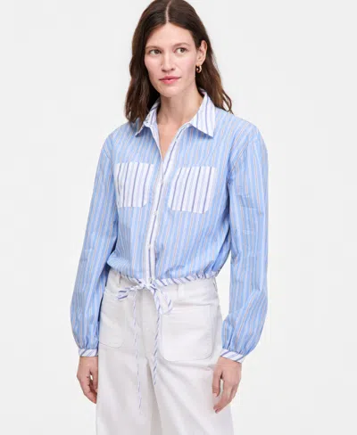 On 34th Women's Stripe Tie-hem Long Sleeve Cropped Shirt, Macy's Exclusive In Blue