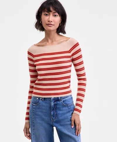 On 34th Women's Striped Boat-neck Long-sleeve Sweater, Macy's Exclusive In Orange