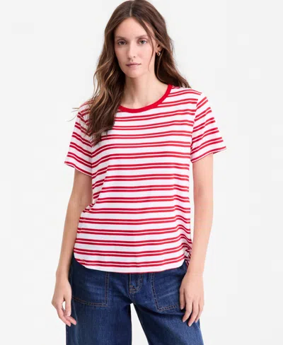 On 34th Women's Striped Curved-hem T-shirt, Macy's Exclusive In Red