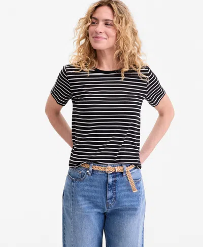 On 34th Women's Striped Curved-hem T-shirt, Macy's Exclusive In Black