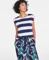On 34th Women's Striped Extended-sleeve Crewneck T-shirt, Exclusively At Macy's In Intrepid Blue