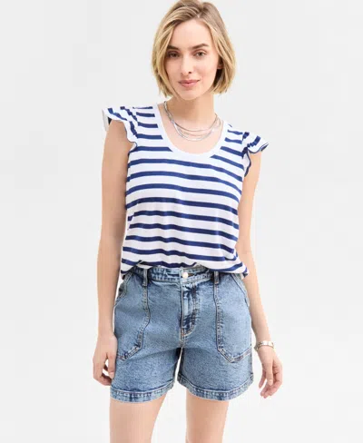 On 34th Women's Striped Flutter-sleeve Voop-neck T-shirt, Exclusively At Macy's In Blazing Navy