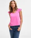 On 34th Women's Striped Flutter-sleeve Voop-neck T-shirt, Exclusively At Macy's In Pink Dazzle