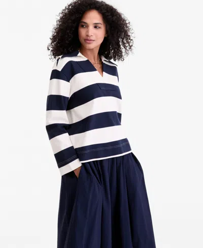 On 34th Women's Striped Interlock Knit Sailor Collar Top, Macy's Exclusive In Blue