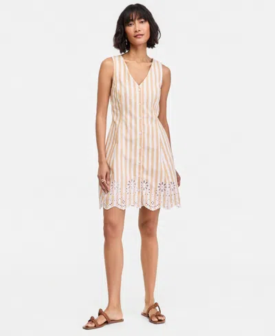 On 34th Women's Striped Linen Blend Embroidered Button-front Mini Dress, Macy's Exclusive In Multi