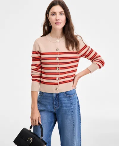 On 34th Women's Striped Long-sleeve Crewneck Cardigan, Macy's Exclusive In Orange