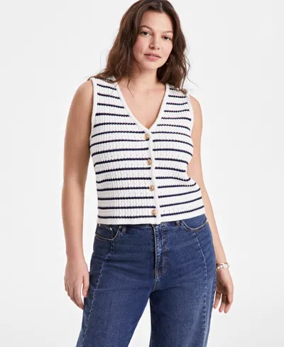 On 34th Women's Striped Pointelle Button-front V-neck Vest, Exclusively At Macy's In Washed White Combo