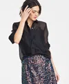 On 34th Women's Textured Relaxed Button Front Blouse, Exclusively At Macy's In Deep Black
