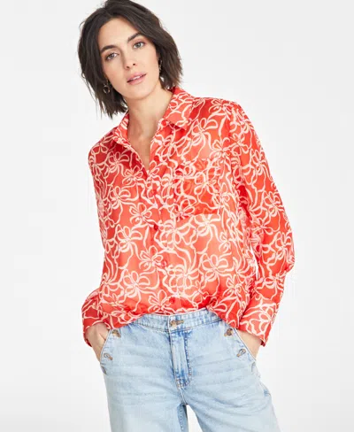 On 34th Women's Textured Relaxed Button Front Blouse, Exclusively At Macy's In Fiery Red