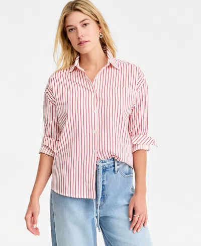 On 34th Women's Textured Seersucker Striped Button-front Shirt, Macy's Exclusive In Red