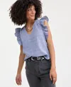 On 34th Trendy Plus Size Micro-gingham Seersucker Flutter-sleeve Top, Exclusively At Macy's In Navy Gingham