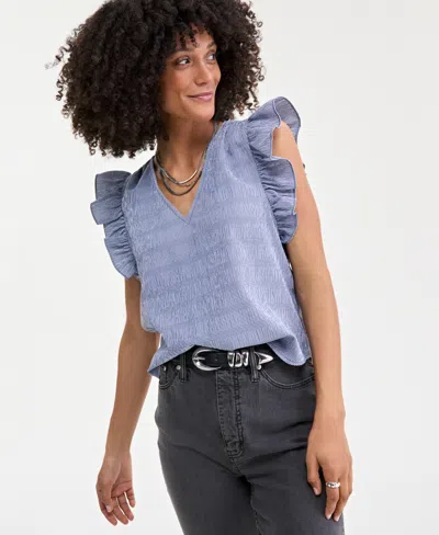 On 34th Trendy Plus Size Micro-gingham Seersucker Flutter-sleeve Top, Exclusively At Macy's In Blazing Na