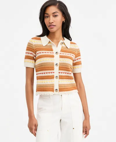 On 34th Women's Textured Stripe Short-sleeve Collared Cardigan, Macy's Exclusive In Serene Ivory Combo