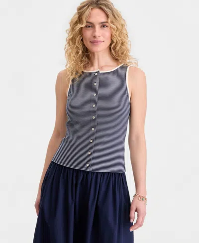 On 34th Women's Thin Stripe Rib Button-up Tank Top, Macy's Exclusive In Blue