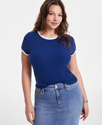 On 34th Women's Tipped Crewneck Short-sleeve T-shirt, Exclusively At Macy's In Blazing Navy
