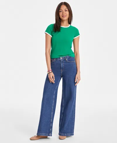 On 34th Women's Tipped Crewneck Short-sleeve T-shirt, Exclusively At Macy's In Bright Pine