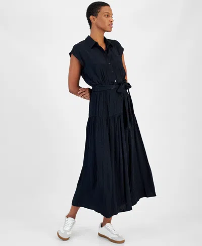 On 34th Women's Tonal Jacquard Cap-sleeve Midi Shirtdress, Created For Macy's In Deep Black