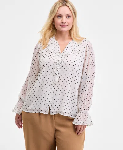 On 34th Women's Trendy Plus Dot-print Ruffle Long-sleeve Blouse, Macy's Exclusive In White