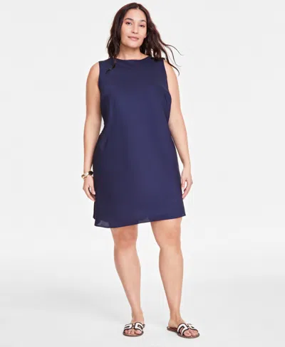 On 34th Women's Trendy Plus Satin Sleeveless Round-neck Shift Dress In  Intrepid Blue | ModeSens