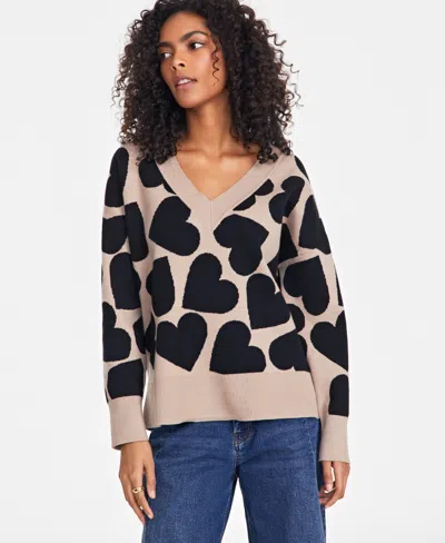 On 34th Trendy Plus Size Women's Jacquard Heart Pullover Sweater, Exclusively At Macy's In Antique Blush