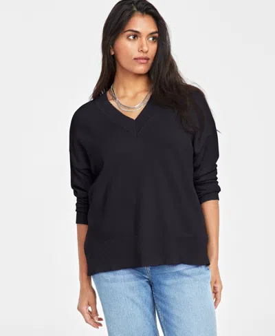On 34th Women's V-neck Dropped-shoulder Sweater, Created For Macy's In Deep Black