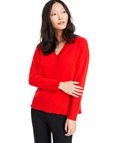 On 34th Women's V-neck Dropped-shoulder Sweater, Created For Macy's In Fiery Red