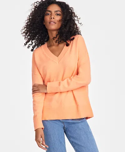On 34th Women's V-neck Dropped-shoulder Sweater, Created For Macy's In Melon Ball