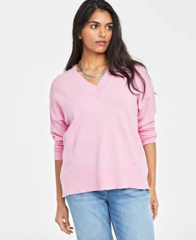On 34th Women's V-neck Dropped-shoulder Sweater, Created For Macy's In Pink Lilac
