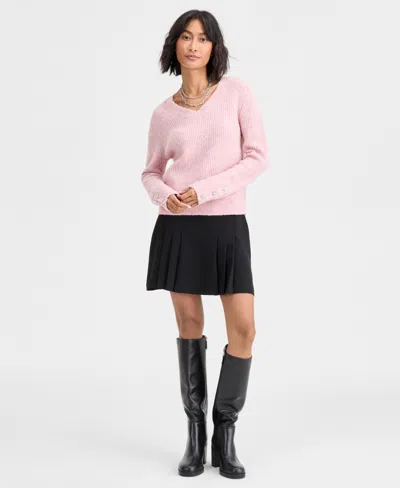 On 34th Women's V-neck Jewel-button-cuff Sweater, Macy's Exclusive In Pink