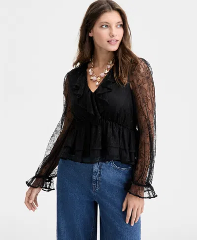 On 34th Women's V-neck Ruffle Lace Top, Macy's Exclusive In Black