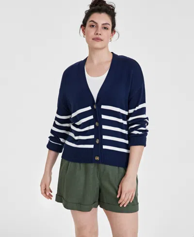 On 34th Women's V-neck Striped Cardigan, Created For Macy's In Intrepid Blue Combo