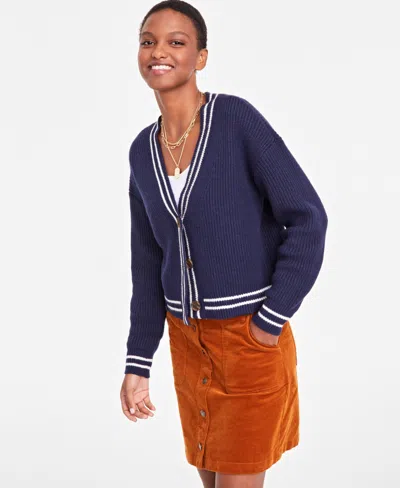 On 34th Women's V-neck Tipped Cardigan, Created For Macy's In Intrepid Blue