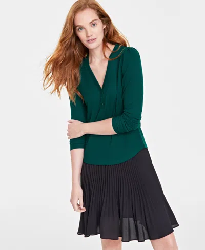 On 34th Women's V-neck Waffle-knit Top, Created For Macy's In Dark Fores