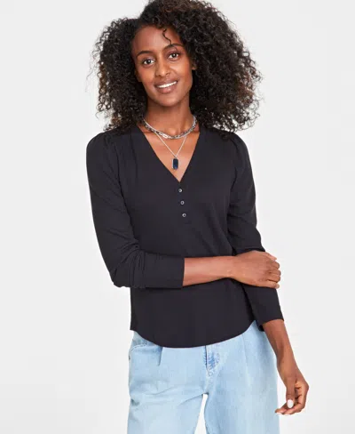 On 34th Women's V-neck Waffle-knit Top, Created For Macy's In Deep Black