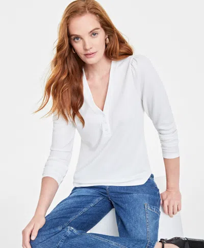 On 34th Women's V-neck Waffle-knit Top, Created For Macy's In Washed Whi