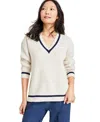 On 34th Women's Heather Varsity-stripe V-neck Sweater, Created For Macy's In Natural Oat Heather