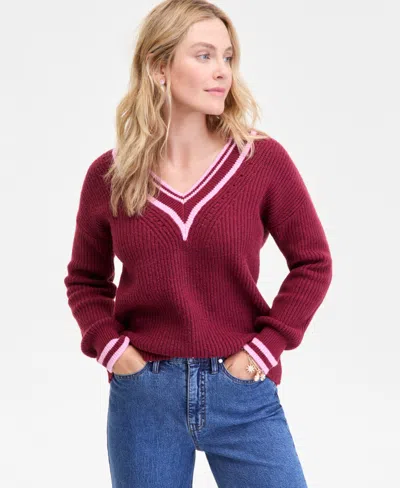 On 34th Women's Varsity Tipped V-neck Sweater, Macy's Exclusive In Burgundy