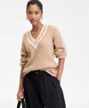 On 34th Women's Varsity Tipped V-neck Sweater, Macy's Exclusive In Neutral