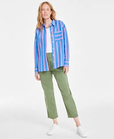 On 34th Women's Wide Stripe Relaxed-fit Shirt, Created For Macy's In Regatta Pink Combo