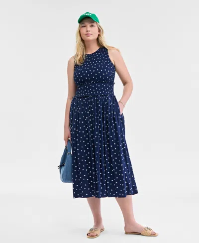 On 34th Women's Woven Printed Smocked Sleeveless Midi Dress, Exclusively At Macy's In Blazing Navy