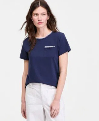 On 34th Womens Blanket Stitch Pocket T Shirt Macys Exclusive In Intrepid Blue