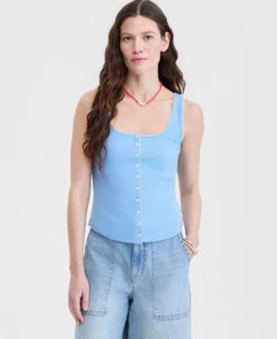 On 34th Womens Button Down Contrast Stitch Rib Tank Top Macys Exclusive In Blue