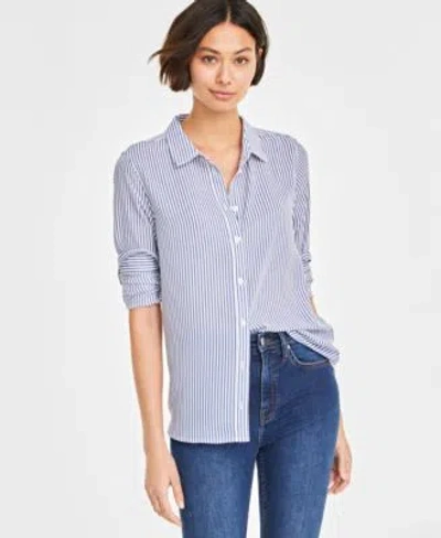 On 34th Womens Button Front Crepe Shirt Created For Macys Xxs 4x In Bijou Blue Combo