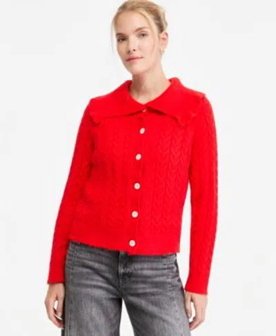 On 34th Womens Cable Knit Fold Over Collar Cardigan Macys Exclusive In Red