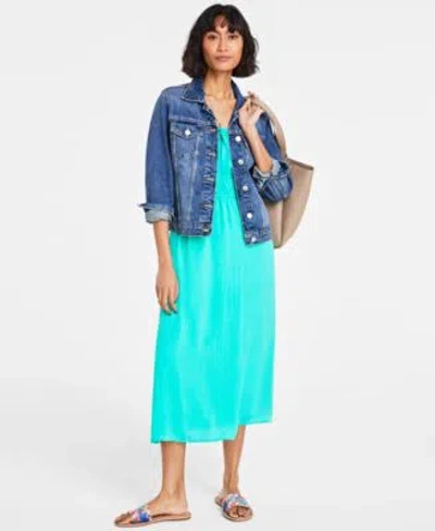 On 34th Womens Classic Denim Jacket Midi Dress Extra Large Tote Beaded Flat Sandals Seashell Pendant Created In Gold